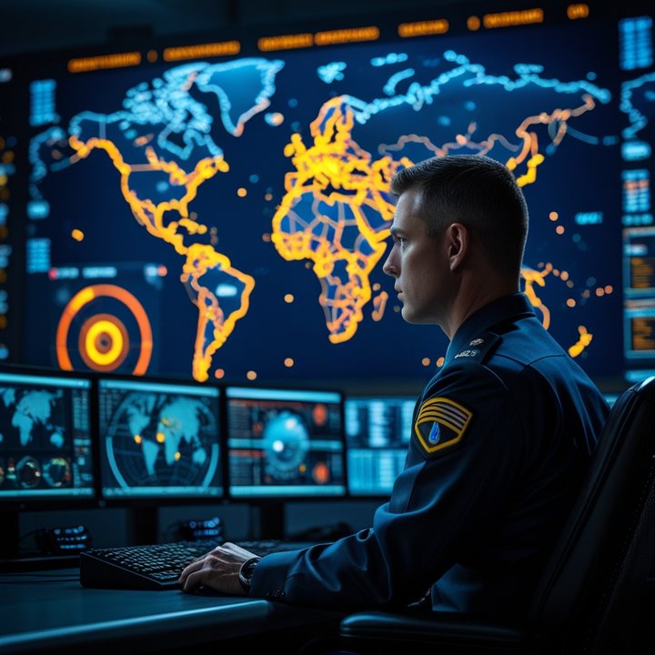 Oficial militar monitoreando un mapa mundial de amenazas en un centro de comando